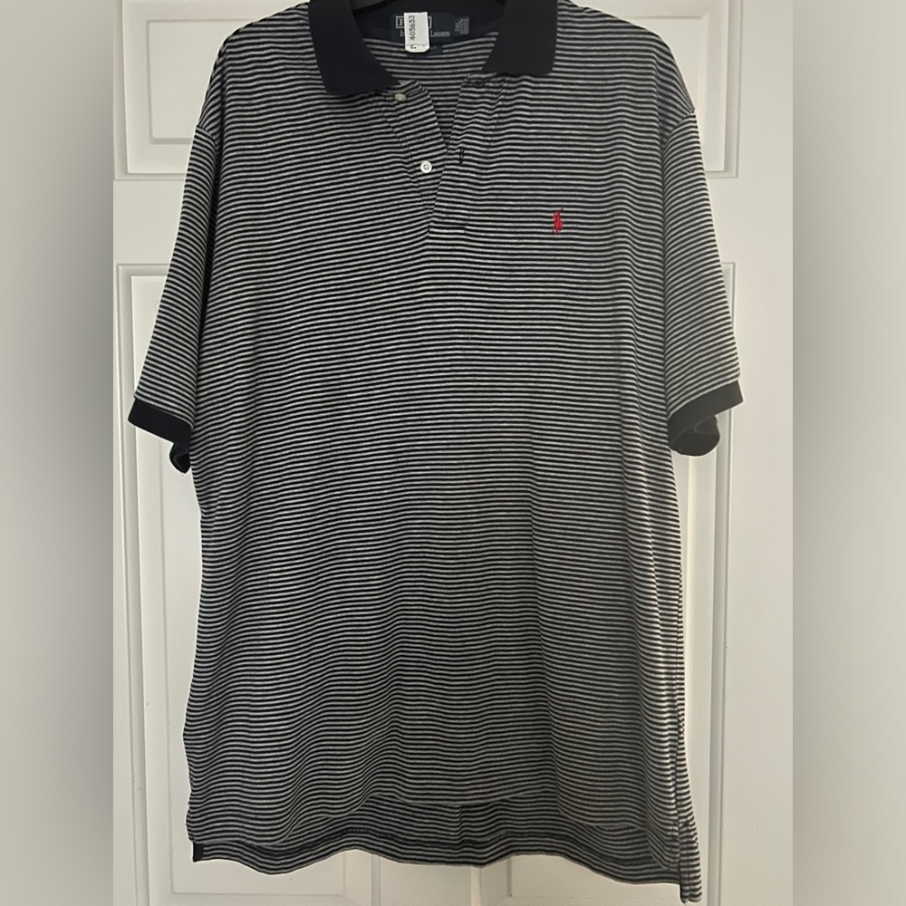 Men’s polo by Ralph Lauren polo shirt w collar navy blue/grey stripes sz 2XL